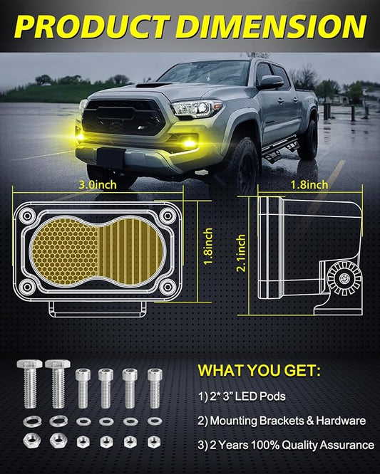 Yellow LED Pods 2Pcs 3" 40W CREE LED Low Beam Yellow Fog Lights | Small Off Road Driving Combo Light Pods Ditch Backup Chase Light Bars for Trucks Trailer Pickup Motorcycle UTV ATV SUV