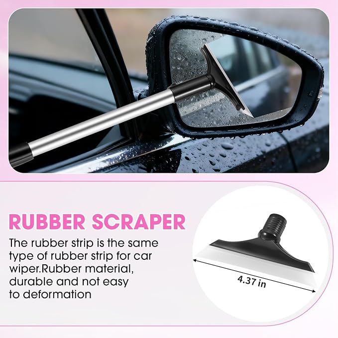 Pink Windshield Cleaner Tool, Car Interior Cleaning Kit with Extendable Handle and 3 Reusable Microfiber Pads, Auto Glass Wiper and Detailing Brush Kit for Car & Home Window