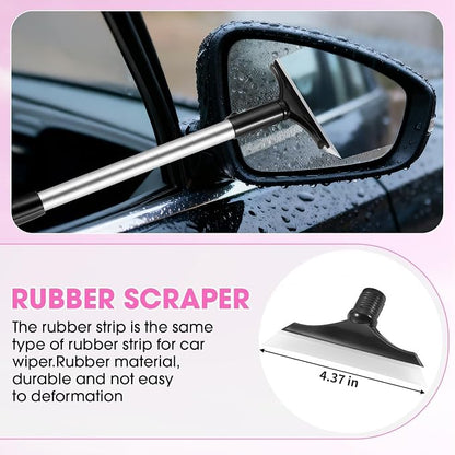 Pink Windshield Cleaner Tool, Car Interior Cleaning Kit with Extendable Handle and 3 Reusable Microfiber Pads, Auto Glass Wiper and Detailing Brush Kit for Car & Home Window