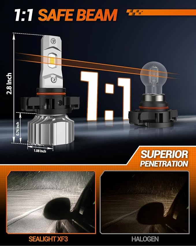SEALIGHT 5202 LED Fog Light Bulbs or DRL, 18000LM 800% Brightness 5202 5201 PS19W PS24W Fog Lights LED Bulb for Car, 6500K Cool White 984 FT Strong Penetration, 60000 Hours Lifespan, Pack of 2