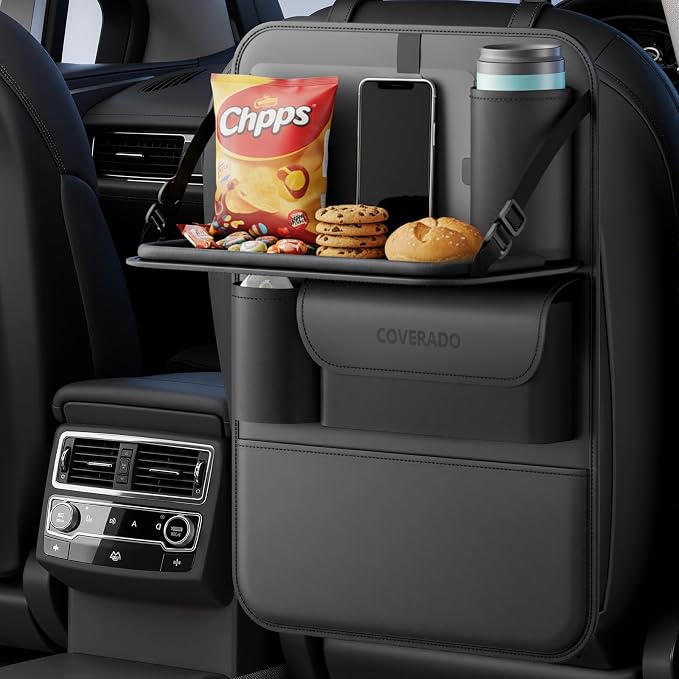 Coverado Car Backseat Organizer with Tablet Tray, Nappa Leather Organizer for Car Seat Back, Waterproof Car Seat Organizer with Touch Screen, Seat Protector Kick Mats for Kids