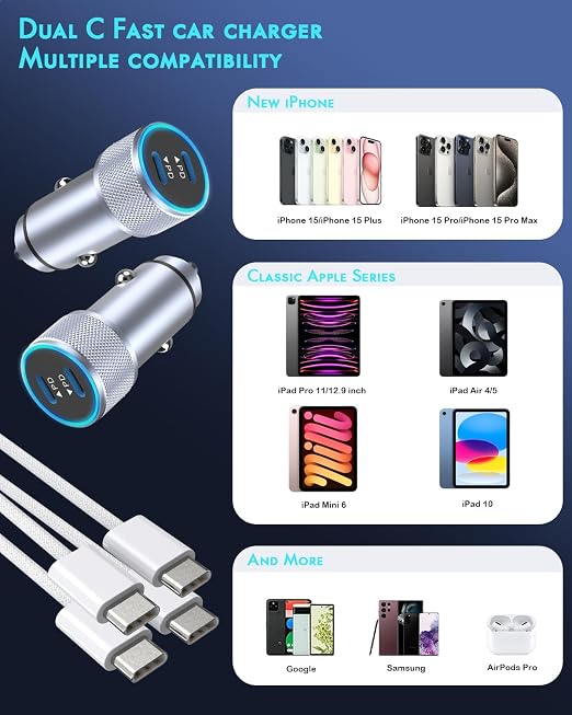 iPhone 17 Car Charger,2Pack Dual Port USB C Fast Car Charger Type C Rapid Charging Adapter with 2Pack USB C to C Nylon Braid Cable Woven Cord Fast Charging for iPhone 17/17 Pro/16/16 Pro Max/iPad