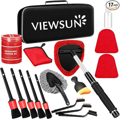 Windshield Cleaner Tool, 17Pcs Red Car Interior Cleaning Kit, Car Detailing Kit Interior Cleaner, Car Detailing Brushes, Car Cleaning Gel, Inside Cleaning Supplies Accessories for Women Girls