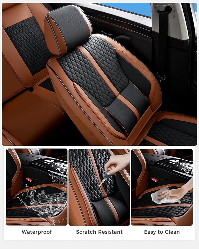Huidasource Front Seat Covers, Luxury Nappa Leather Driver Seat Cover with Airbag, Lumbar Support, Cooling＆Heating, Seatbelt Buckles, Front Seat Cover Universal Fit for Most Cars SUV Trucks, Brown