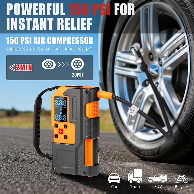 Car Roadside Emergency Kit, Jump Starter with Air Compressor, First Aid Kit, Tow Rope, Roadside Safety Emergency Tool Kit for Women, Men, Teen (Orange)