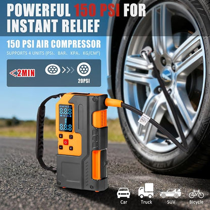 Car Roadside Emergency Kit, Jump Starter with Air Compressor, First Aid Kit, Tow Rope, Roadside Safety Emergency Tool Kit for Women, Men, Teen (Orange)