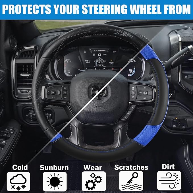 Steering Wheel Cover for Dodge RAM 1500, 2500, 3500 - Premium Microfiber Leather Auto Car Accessory with Non-Slip Grip, Rugged Durability & Interior Upgrade, 15.5-16 inch (Blue-Large Size)