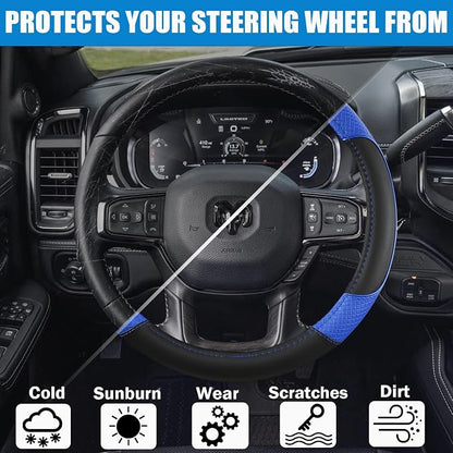 Steering Wheel Cover for Dodge RAM 1500, 2500, 3500 - Premium Microfiber Leather Auto Car Accessory with Non-Slip Grip, Rugged Durability & Interior Upgrade, 15.5-16 inch (Blue-Large Size)