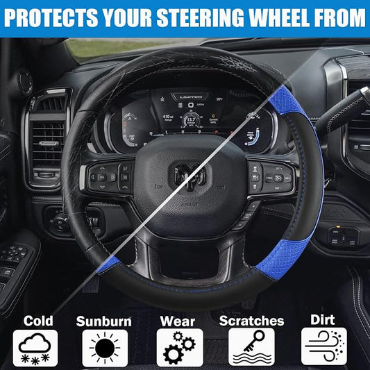 Steering Wheel Cover for Dodge RAM 1500, 2500, 3500 - Premium Microfiber Leather Auto Car Accessory with Non-Slip Grip, Rugged Durability & Interior Upgrade, 15.5-16 inch (Blue-Large Size)