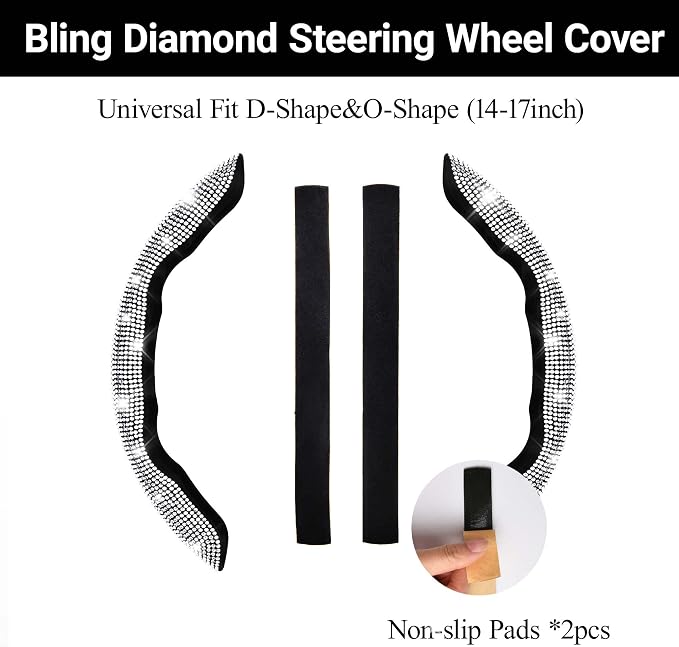 CAR PASS Bling Diamond Segmented Steering Wheel Cover with Crystal Rhinestones, 2PCS Wheel Protector Non-Slip Cute Car Accessories Universal Fit D-Shape O-Shape 14.5" to 16" for Women, Silver Diamond