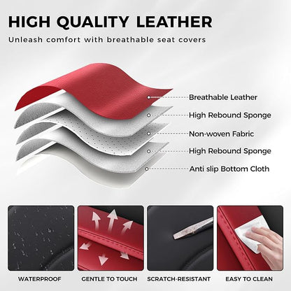 otoez Car Seat Covers Full Set, 5 Seats Waterproof Universal Leather Seat Cover for Cars, Front Rear Automotive Interior Protectors Full Coverage for Most Cars Sedens Trucks SUVs, Black+Red