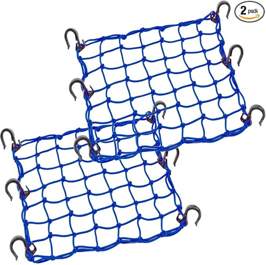 Small Cargo Net 15"x15" Stretches to 30"x30" with Thicken Hooks | Natural Latex Core, Tight 2”x2” Mesh Heavy Duty Bungee Net for Motorcycle Helmet, Bike, ATV, UTV, Luggage (Blue, 2 Pack)