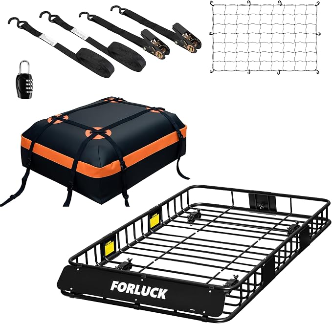 Forluck 54 x 34 x 6 Inch Universal 250 LBS Heavy Duty Roof Rack Cargo Carrier with Waterproof Bag, Extension Rooftop Cargo Carrier, Car Top Luggage Holder for SUV, Truck or RV Steel Construction