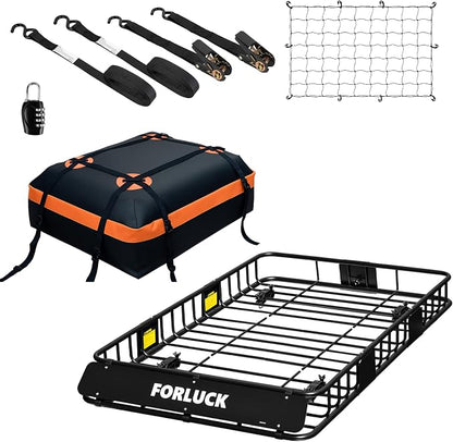 Forluck 54 x 34 x 6 Inch Universal 250 LBS Heavy Duty Roof Rack Cargo Carrier with Waterproof Bag, Extension Rooftop Cargo Carrier, Car Top Luggage Holder for SUV, Truck or RV Steel Construction
