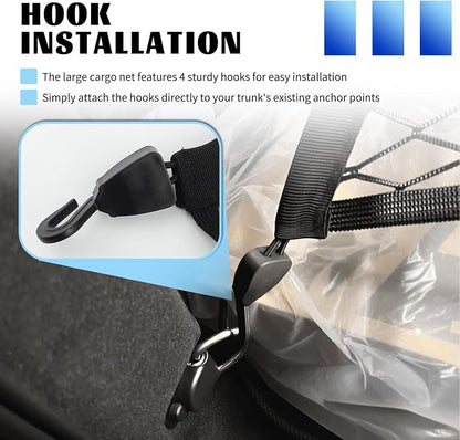Highly Elastic Cargo Nets for SUV with 4 Hooks,32"x24" Stretch to 63"x47" Truck Cargo Net as Trunk Organizer,Heavy-Duty Truck Bed Cargoes Net for Secure Load Retention