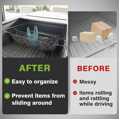 BestEvMod Cargo Mesh Net for Pickup Truck Bed Compatible with Tesla Cybertruck 2026 2025 2024 Accessories Mesh Extra Strong Hook Stretchable Trunk Organizer Cargo Net (3 Pocket, Reinforced POM Hooks)