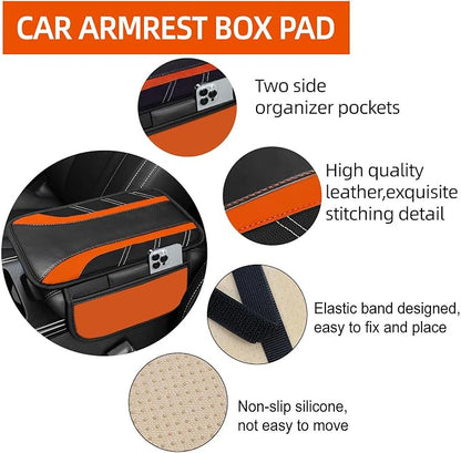 NBTEPEM 6 Pcs Orange Car Accessories Set, Sport Leather Steering Wheel Cover 14.5-15inch Universal, Microfiber Leather Car Center Console Cover, Seat Belt Cushion, Cup Holder Coaster (Black-Orange)