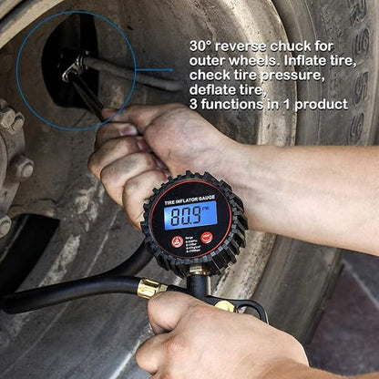 CZC AUTO Digital Tire Inflator Pressure Gauge, LED Display Tyre Deflator Gage with Dual Head Chuck Rubber Hose MNPT Fitting, Compatible with Air Pump Compressor for Truck RV Car Motorcycle Bike Bus