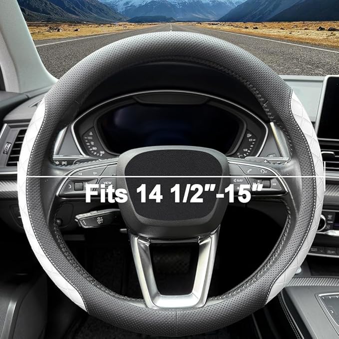 LKWLIKEI Nappa Leather Steering Wheel Cover, Elegant Diamond Checkered Design, Non-Slip wear-Resistant, Enhance Driving Comfort, Suitable for Steering Wheel Diameter 14 1/2‘-15’ Models.Black White