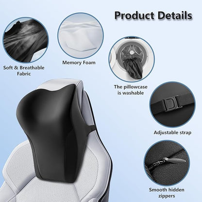 BABUR Car Neck Pillow for Driving Seat, Memory Foam Car Headrest Pillow, Ergonomic Neck Support, Breathable Removable Cover, Adjustable Strap, Pain Relief for Long Drives, Universal Fit | Black
