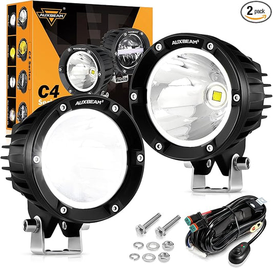 Auxbeam 4 Inch 72W Round Offroad Lights, 2PCS 7200LM LED Driving Pod Spot Lights White Beam with Wiring Harness Fit for Jeep Vehicle Truck SVU Motorcycle UTV