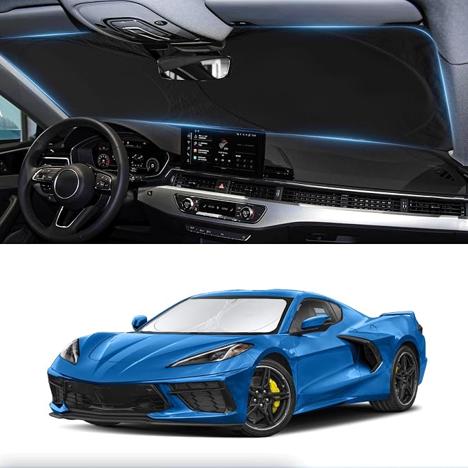 Sunshade for Chevy Corvette Windshield Sun Shade for Chevrolet Corvette C8 2020-2024 2025 2026 Grand Sport Corvettes Accessories Foldable Sun Visor Protector Front Window Shield Cover Block UV Rays