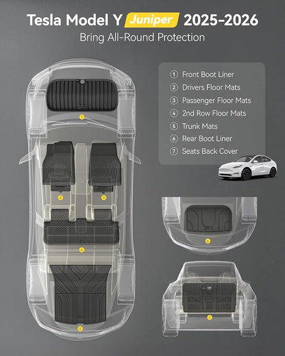 3W Tesla Model Y Juniper Floor Mats(Not for Standard), Front Rear Cargo Liner & Seatback Protector, Custom Fit 2025 2026 Model Y Accessories, TPE All Weather Odorless Non-Slip