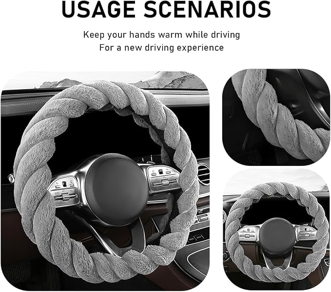 KVAEY Fluffy Car Steering Wheel Cover, 15 Inches Anti-Slip Round Fuzzy Winter Steering Wheel Protector, Soft Warm Plush Steering Wheel Cover for Women Girls, Car Accessories (Gray, D-Shaped)