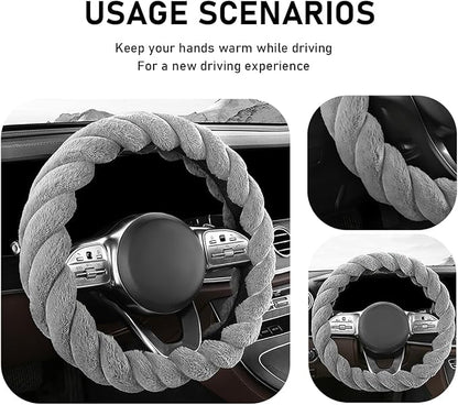 KVAEY Fluffy Car Steering Wheel Cover, 15 Inches Anti-Slip Round Fuzzy Winter Steering Wheel Protector, Soft Warm Plush Steering Wheel Cover for Women Girls, Car Accessories (Gray, D-Shaped)