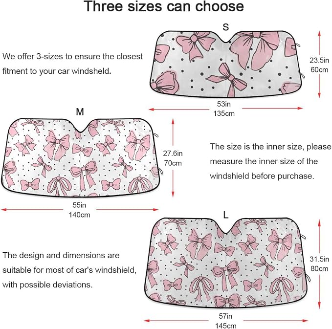 Cute Bows Pink Windshield Sun Shade for Car Auto SUV Truck Foldable Front Window Sunshade Sun Visor Protector Block UV Rays Reflect Heat, 55" x 28"