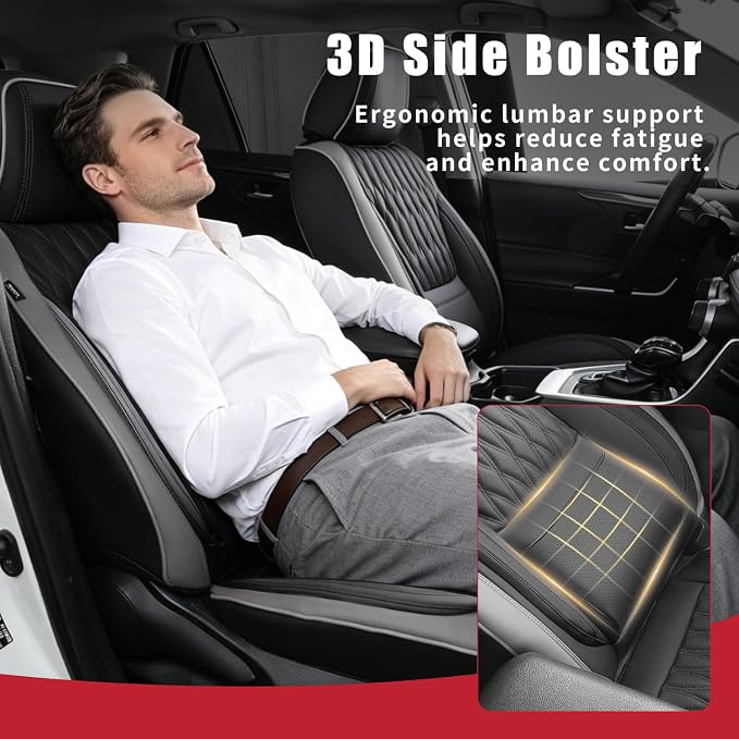 Car Seat Covers , Luxury Breathable Waterproof Faux Leatherette Car Seat Covers Cushion Protectors with Lumbar Support, Car Seat Cushion, Universal Fit Most Cars (Black-Gray, Full Set - 5 Seats)