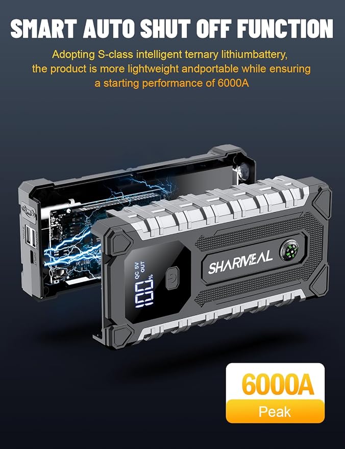 Sharmeal Car Battery Jump Starter 6000A, Car Jumper Starter Battery Pack for Up to All Gas & 10.0L Diesel Engines, 12V Portable Jump Box with 3 Modes Flashlight and Jumper Cable