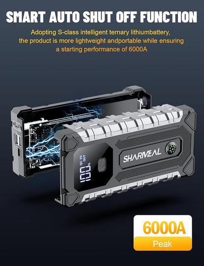 Sharmeal Car Battery Jump Starter 6000A, Car Jumper Starter Battery Pack for Up to All Gas & 10.0L Diesel Engines, 12V Portable Jump Box with 3 Modes Flashlight and Jumper Cable
