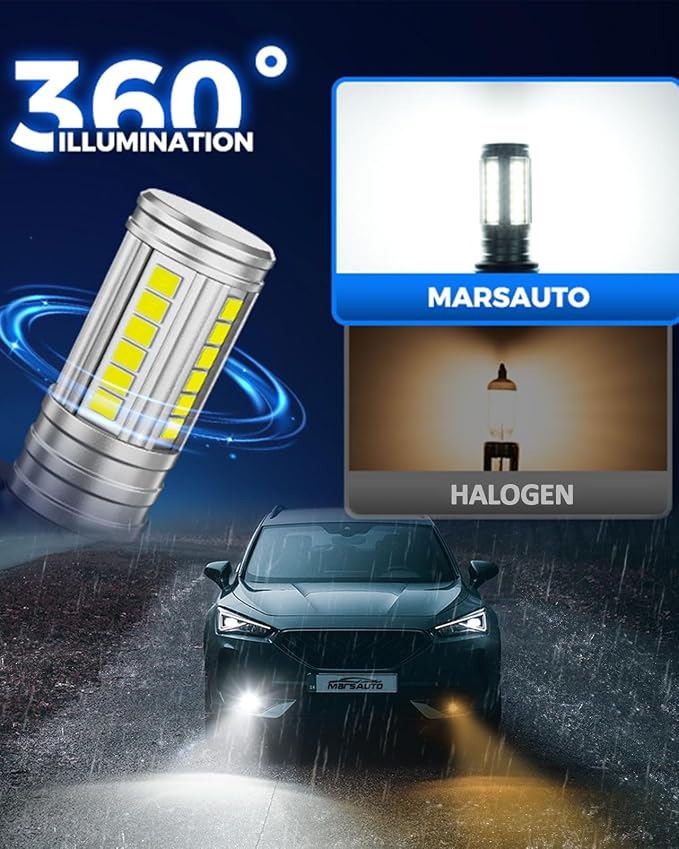 Marsauto H11/H8 LED Fog Light Bulb, 12,000 LM 600% Brightness H8 H16 Fog Light Bulbs, 360° Illumination Upgraded 60 Pcs Chips, 6500K White 1:1 Mini Size H11 Led Fog Lights Pack of 2