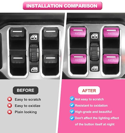 for Jeep 4 PCS Upgrade Metal Window Switch Button Cover Compatible with Jeep Wrangler JL JLU 2026 2025 2024 2023 2022 2021 2020 2019 2018 & Gladiator JT 2020-2026 Interior Accessories (Pink)