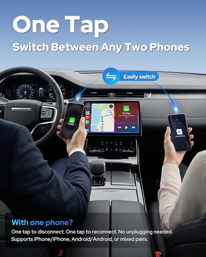 2-in-1 Wireless CarPlay & Android Auto Wireless Adapter, One-Click Switch for Apple iPhone and Android, Converts Wired to Wireless, Plug and Play for USB/USB-C, Compatible with 1000+ Vehicles
