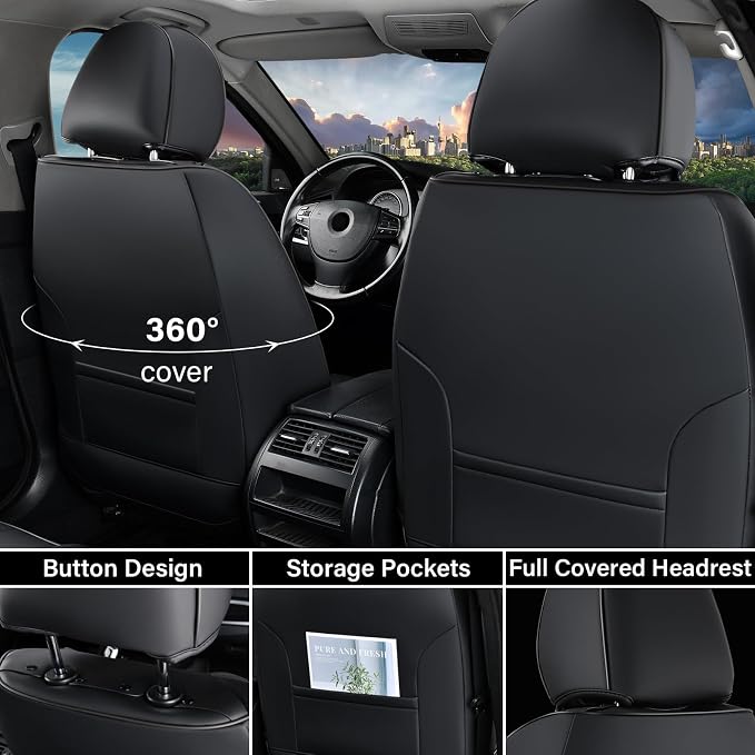 Coverado Car Seat Covers Full Set, 5 Seats Leather Seat Covers for Cars, Waterproof Front and Rear Car Seat Protectors Cushions Universal Fit Most Vehicles (Black)