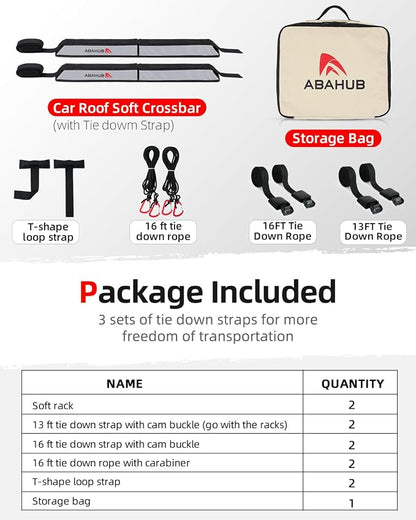 Abahub Soft Roof Rack Pads with 2 Tie Down Straps, 2 Tie Down Ropes, 2 Hood Loops and Storage Bag, for Surfboard, Kayak, Canoe, Heavy Duty Universal Car Roof Racks System