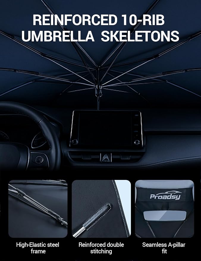 Proadsy Windshield Sun Shade Umbrella for Subaru Forester 2019-2025 2026 Foldable Car Umbrella Sunshade with Soft TPU Handle Spring Structure Crystal Cooling Material Protect Car from Rays & Heat