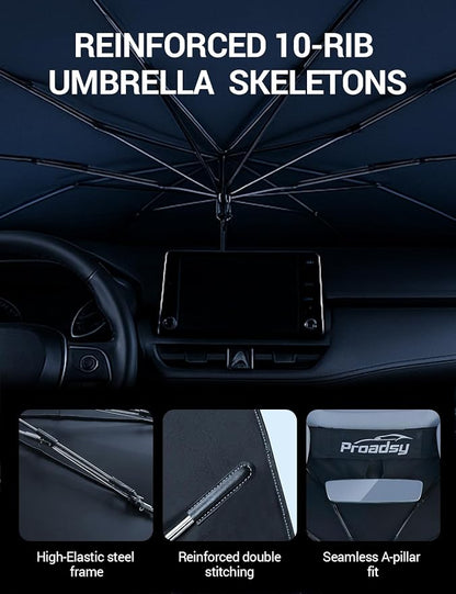 Proadsy Windshield Sun Shade Umbrella for Subaru Forester 2019-2025 2026 Foldable Car Umbrella Sunshade with Soft TPU Handle Spring Structure Crystal Cooling Material Protect Car from Rays & Heat