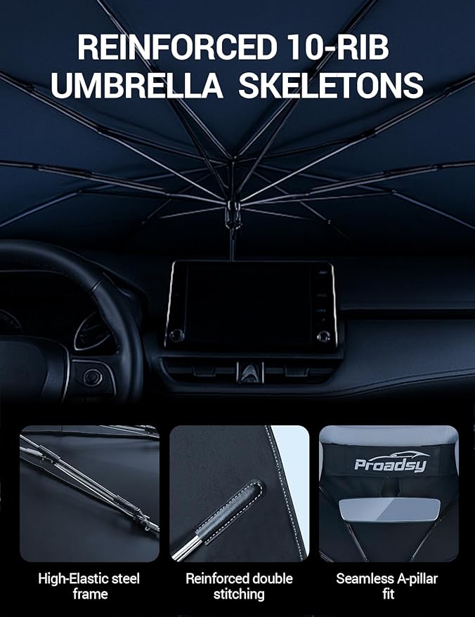 Proadsy Windshield Sun Shade Umbrella for Toyota Corolla 2019-2025 2026 Foldable Car Umbrella Sunshade with Soft TPU Handle Spring Structure Crystal Cooling Material Protect Car from Rays & Heat