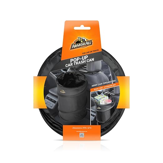 Armor All Car Trash Can, 3.3 Gallon Pop-Up Garbage Bin, Waterproof, Loop for Hanging, Velcro Base, Washable, Metal Frame, Portable Collapsible Design for Easy Storage, 12” Inch High x 9” Inch Wide