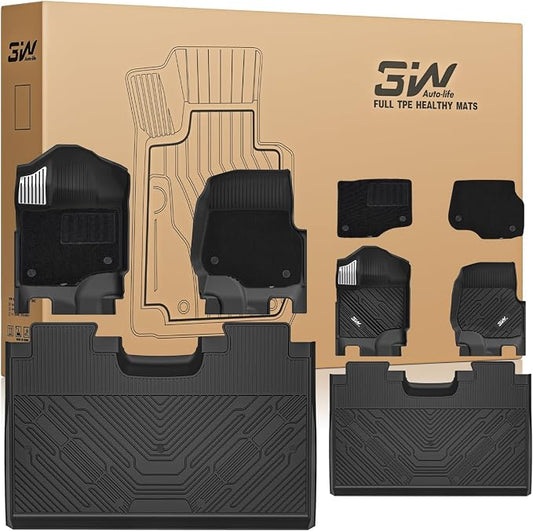 3W Floor Mats (with Metal Pedals) & Carpets for Ford F-150 2015-2026 & F150 Lightning 2022-2025 SuperCrew (w/o Fold Flat Storage), TPE All Weather Front & Rear 3PCS | Heavy Duty, Easy Clean - Black