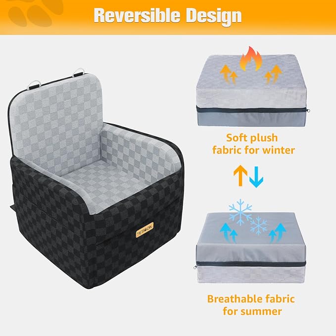 PETICON Waterproof Dog Car Seat for Small Medium Dogs, 6in Memory Foam Pet Booster Seat for Dogs up to 26 lbs with Pockets, Detachable Washable Pet Carseat with Y-Shape Safety Belt