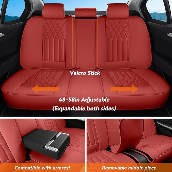 Burgundy Red Car Seat Covers Full Set, Luxury Faux Leather Red Seat Covers for Cars Front and Back Seats Protector, Waterproof Full Wrapped Covers Universal Fit for Most Cars Sedans SUVs