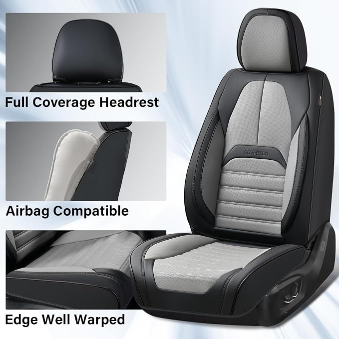 Coverado Waterproof Nappa Leather Car Seat Covers, Automotive Seat Covers，Front Car Seat Cushion & Car Seat Protector, Seat Covers Universal Fit for Most Cars, SUVs,Trucks,Black&Gray