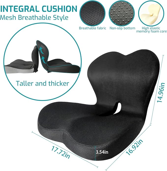 Memory Foam Seat Cushion,Office Chair Cushion with Lumbar Support for Back Pressure Relief, Car Seat Cushion with Adjustable Strap,Sciatica Pad Cushions for Car,Truck, Desk (D-black+mesh Cloth)