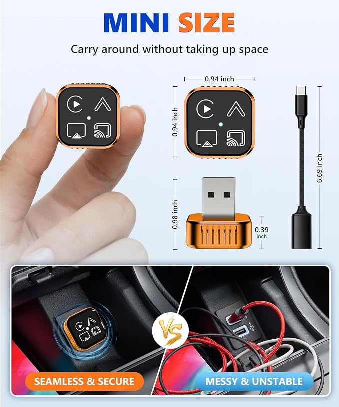 4-in-1 Mini Wireless CarPlay & Android Auto Adapter Support AirPlay/MirrorLink, Convert Wired to Wireless, Auto-Connect for Daily Commute, 5.8GHz Stable Connection, Plug & Play Dongle, Orange