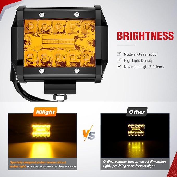 Nilight 4 Inch Amber LED Light Pods 2PCS Triple Row 60W Flood Spot Combo Offroad Driving Fog Lighting for 12V 24V Pickup Truck ATV UTV SUV