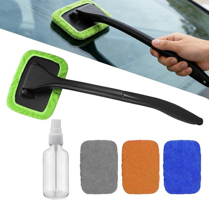 Windshield Cleaner Tool, Windshield Cleaning Tool, Car Window Cleaner with 4 Reusable and Washable Microfiber Pads and Extendable Handle, Auto Inside Glass Wiper Kit for Auto Glass Cleaning
